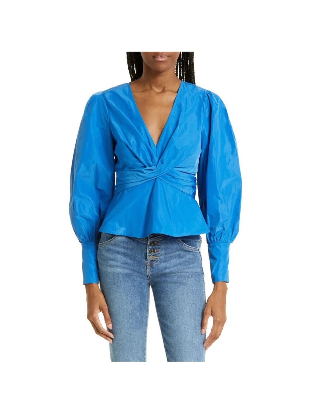 Bright Blue Twist-Front V-Neck Peplum Blouse